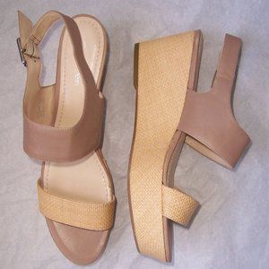 Calvin Klein Tan Leather Straw Woven Platform Wedge Sandals 8.5